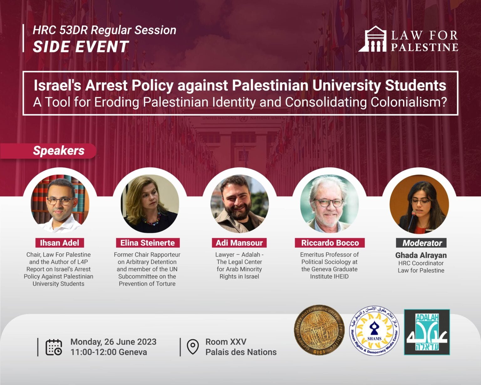 Join us HRC SideEvent on Israel’s Arrest Policy Against Palestinian