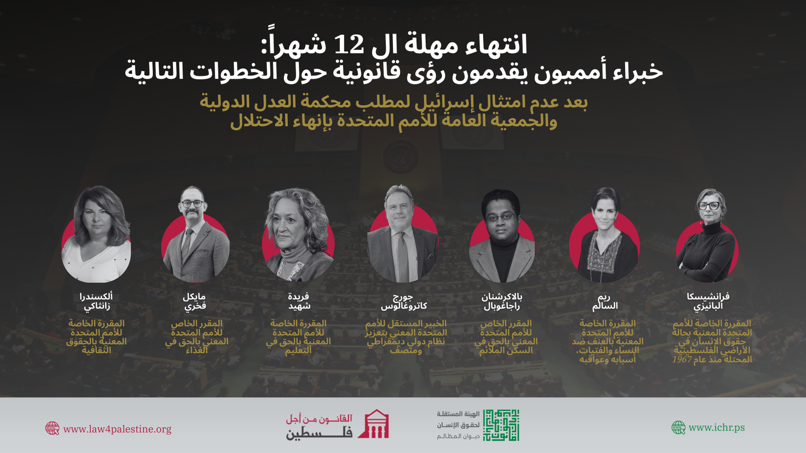 مع انقضاء مهلة الأمم المتحدة لإنهاء الاحتلال الإسرائيلي اليوم، القانون من أجل فلسطين والهيئة المستقلة تنشران مقابلات مع سبعة مقررين خواص للأمم المتحدة حول الخطوات التالية